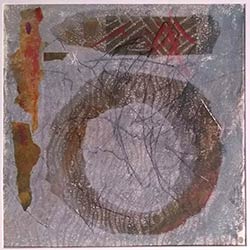 Through 1/1. Monoprint by Miki Lovett. Soy Based Ink with Collage on Paper. image: 8 x 8 inches, Framed. Available